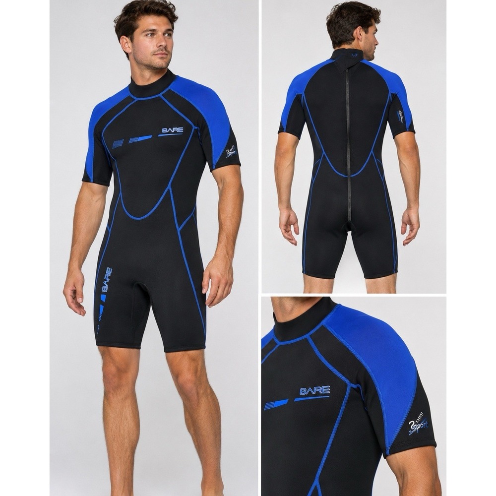 Bare 2mm Sport Shorty Wetsuit Men's LJ Black Blue Back Zip Neoprene - Picture 3 of 16